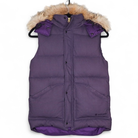 Snow Peak Down Puffer Vest Womens Size Medium Purple Hooded Fur Trim Japan - Picture 1 of 8